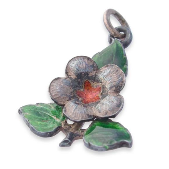 Vintage Sterling Silver Guilloche Enamel Flower Pendant / Charm Green Orange - Picture 2 of 4